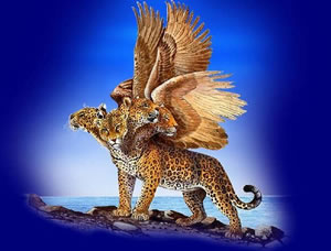 El leopardo con 4 cabezas y 4 alas de ave El leopardo con 4 cabezas y 4 alas de ave