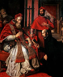 Ignacio de Loyola recibiendo la aprobación del papa Paulo III para su nueva orden de los Jesuitas (La Sociedad de Jesús). Ignacio de Loyola recibiendo la aprobación del papa Paulo III para su nueva orden de los Jesuitas (La Sociedad de Jesús).